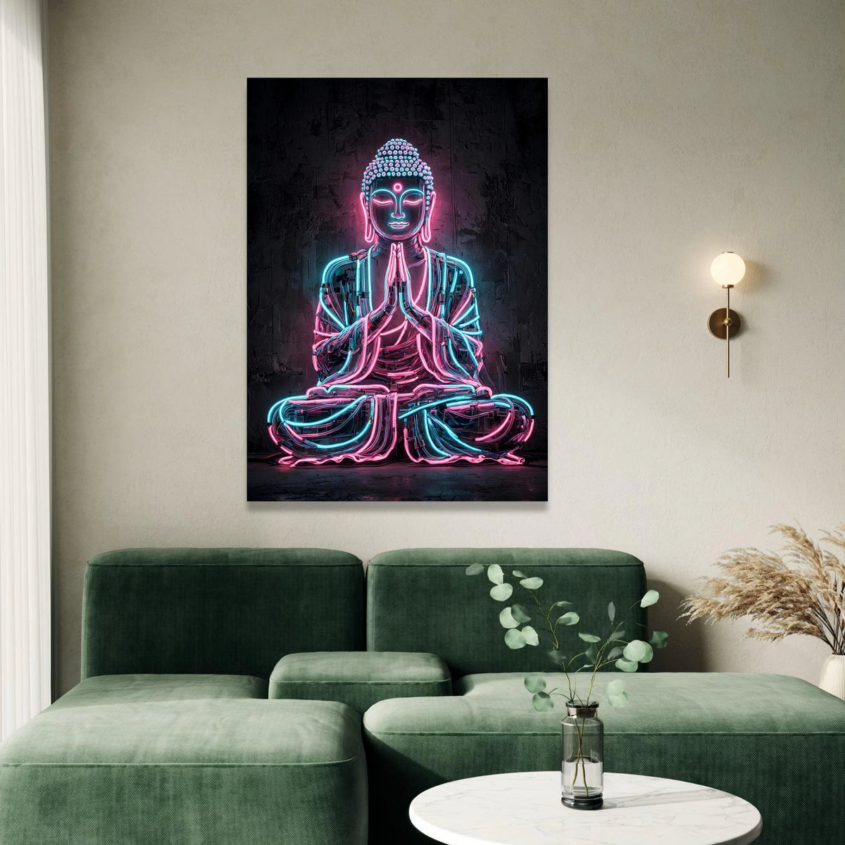 Neon Buddha Statue Canvas, Modern Meditation Wall Art, Spiritual Home Decor, Contemporary Neon Light Canvas, Zen Yoga Room Canvas Print Art