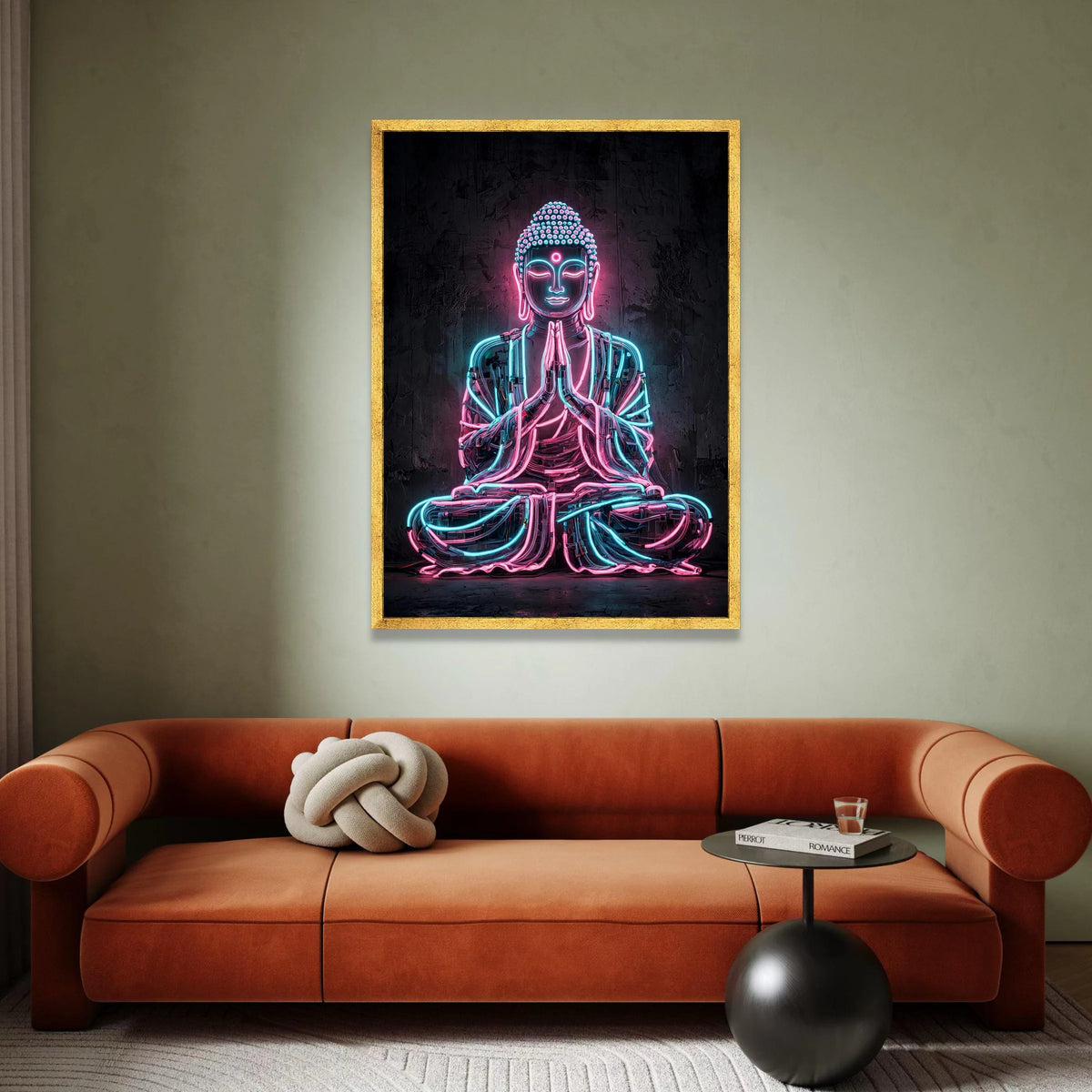 Neon Buddha Statue Canvas, Modern Meditation Wall Art, Spiritual Home Decor, Contemporary Neon Light Canvas, Zen Yoga Room Canvas Print Art