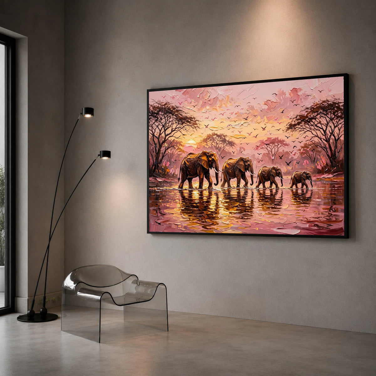African Elephant Family Canvas, Sunset Safari Wall Art, Wildlife Nature Scene, Elephants Water Canvas, Tropical Landscape Canvas Print Art