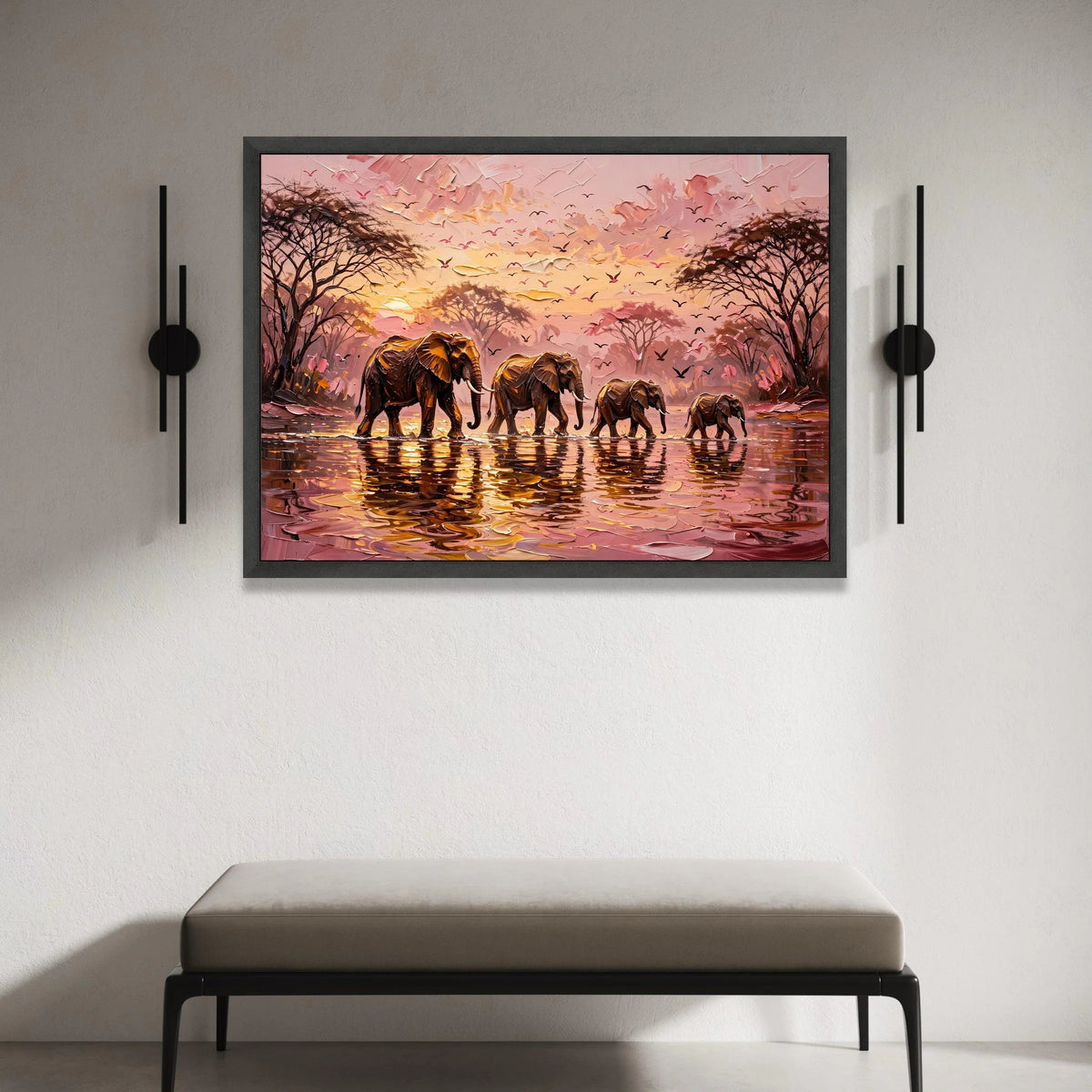 African Elephant Family Canvas, Sunset Safari Wall Art, Wildlife Nature Scene, Elephants Water Canvas, Tropical Landscape Canvas Print Art