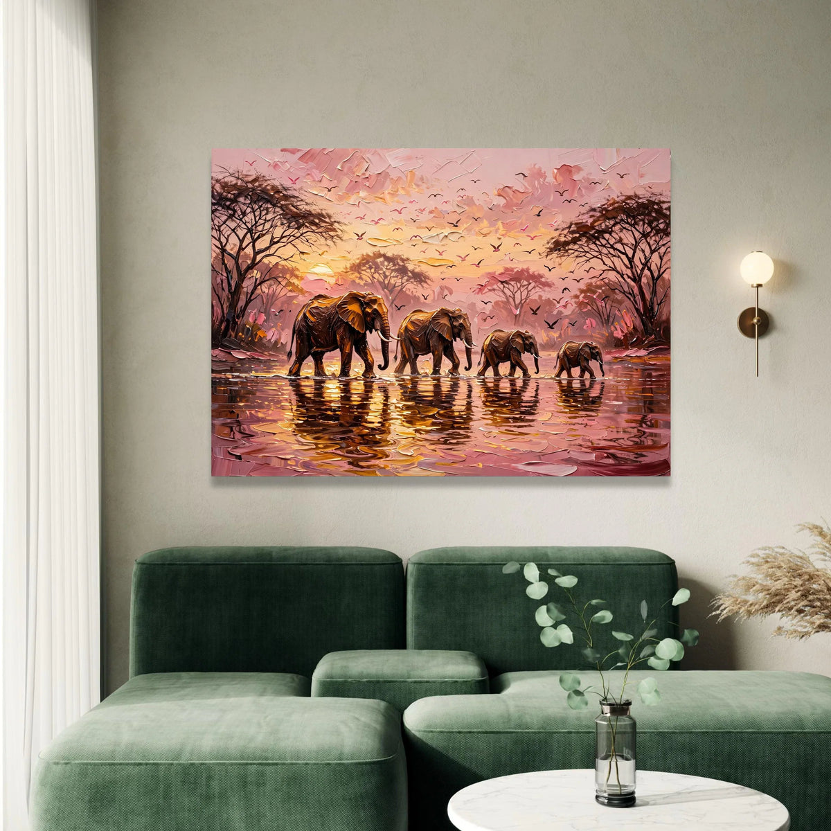 African Elephant Family Canvas, Sunset Safari Wall Art, Wildlife Nature Scene, Elephants Water Canvas, Tropical Landscape Canvas Print Art