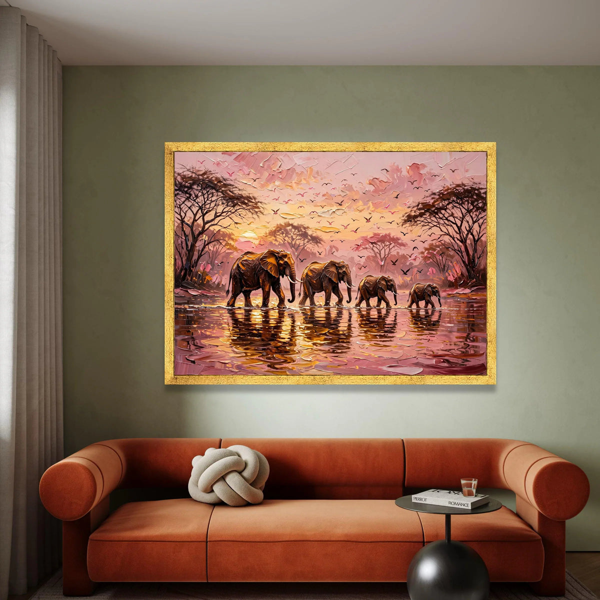 African Elephant Family Canvas, Sunset Safari Wall Art, Wildlife Nature Scene, Elephants Water Canvas, Tropical Landscape Canvas Print Art