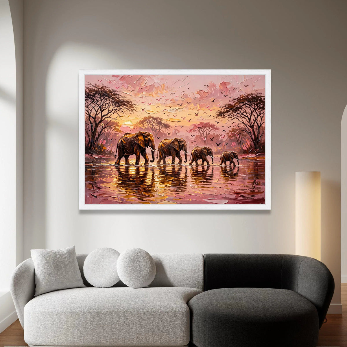 African Elephant Family Canvas, Sunset Safari Wall Art, Wildlife Nature Scene, Elephants Water Canvas, Tropical Landscape Canvas Print Art