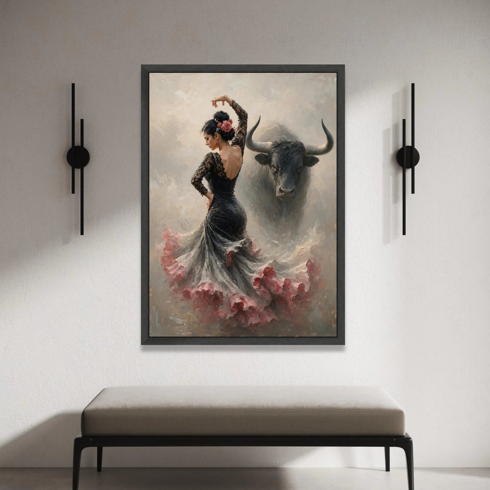 Graceful Flamenco Dancer Canvas, Spanish Dance Wall Art, Elegant Woman with Bull, Cultural Canvas Decor, Bold Artistic Canvas Print Art