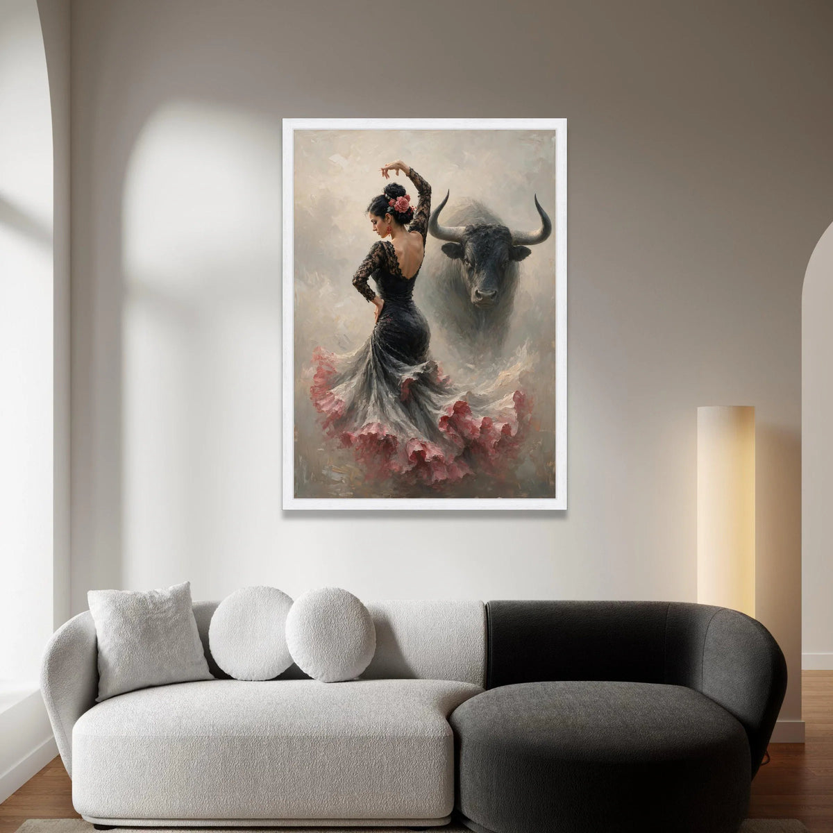 Graceful Flamenco Dancer Canvas, Spanish Dance Wall Art, Elegant Woman with Bull, Cultural Canvas Decor, Bold Artistic Canvas Print Art