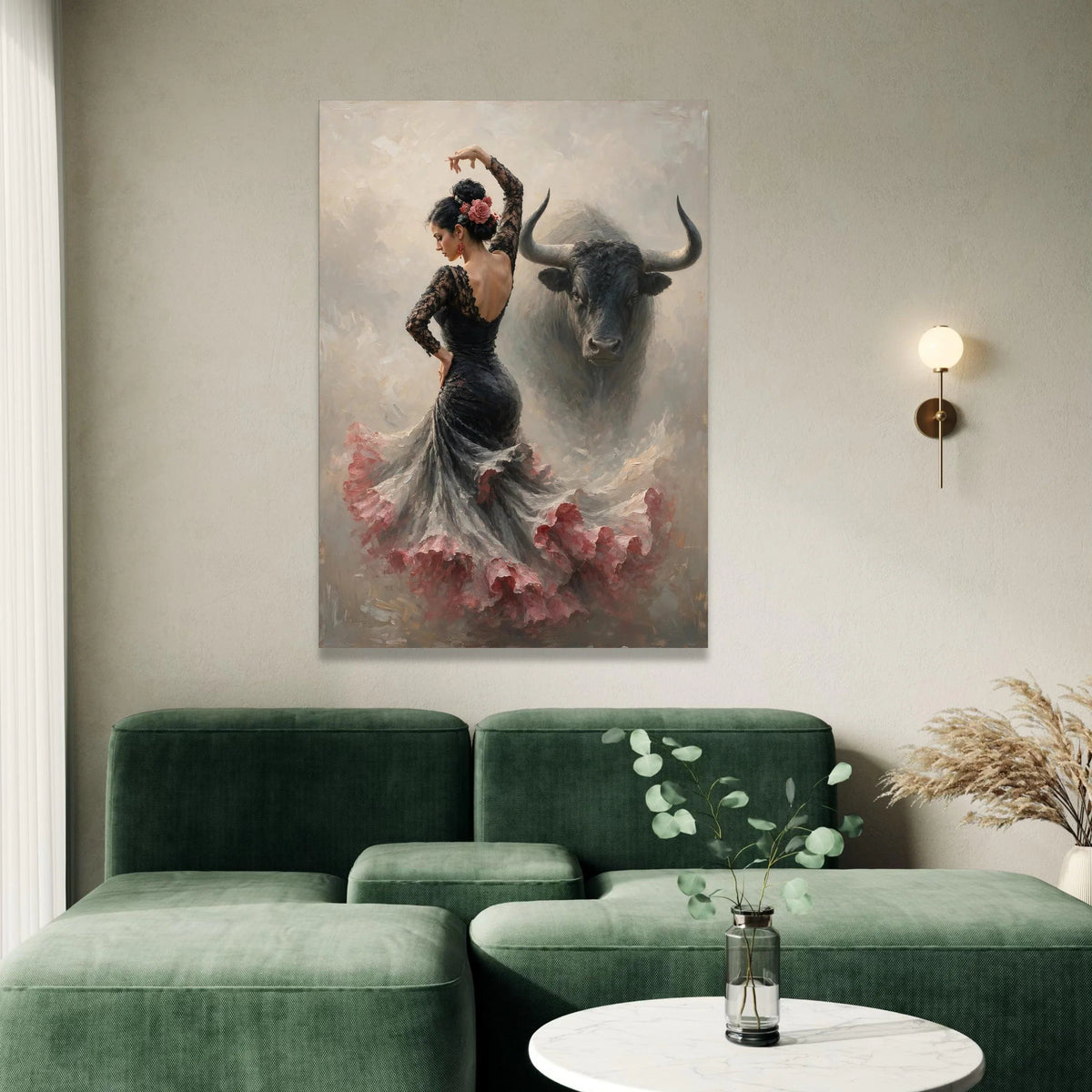 Graceful Flamenco Dancer Canvas, Spanish Dance Wall Art, Elegant Woman with Bull, Cultural Canvas Decor, Bold Artistic Canvas Print Art