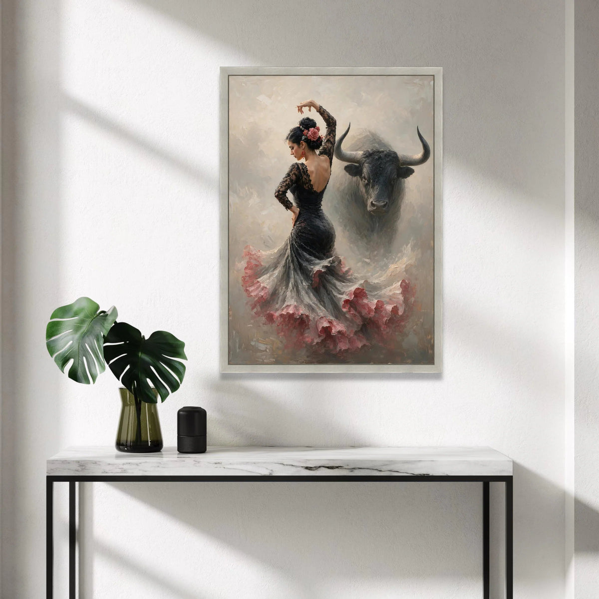 Graceful Flamenco Dancer Canvas, Spanish Dance Wall Art, Elegant Woman with Bull, Cultural Canvas Decor, Bold Artistic Canvas Print Art