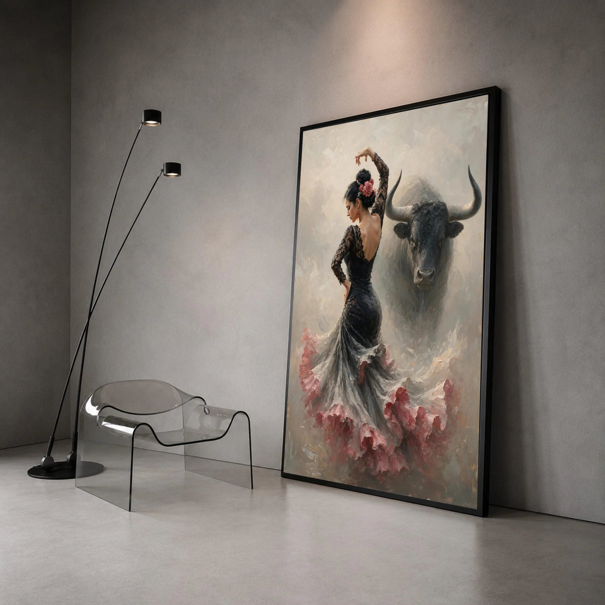 Graceful Flamenco Dancer Canvas, Spanish Dance Wall Art, Elegant Woman with Bull, Cultural Canvas Decor, Bold Artistic Canvas Print Art