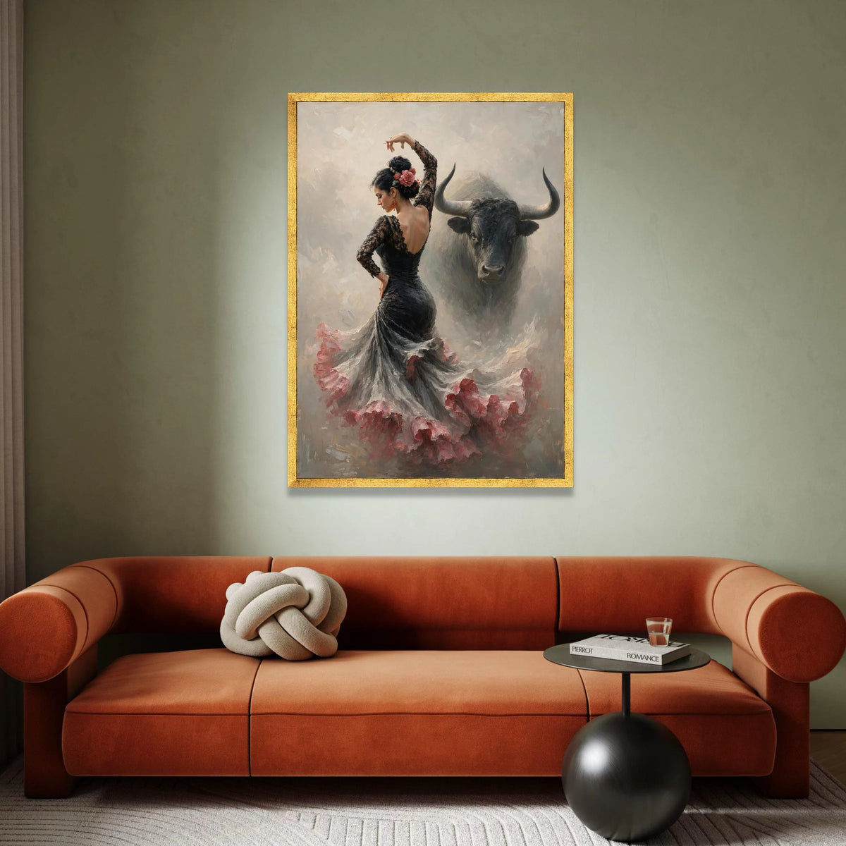 Graceful Flamenco Dancer Canvas, Spanish Dance Wall Art, Elegant Woman with Bull, Cultural Canvas Decor, Bold Artistic Canvas Print Art