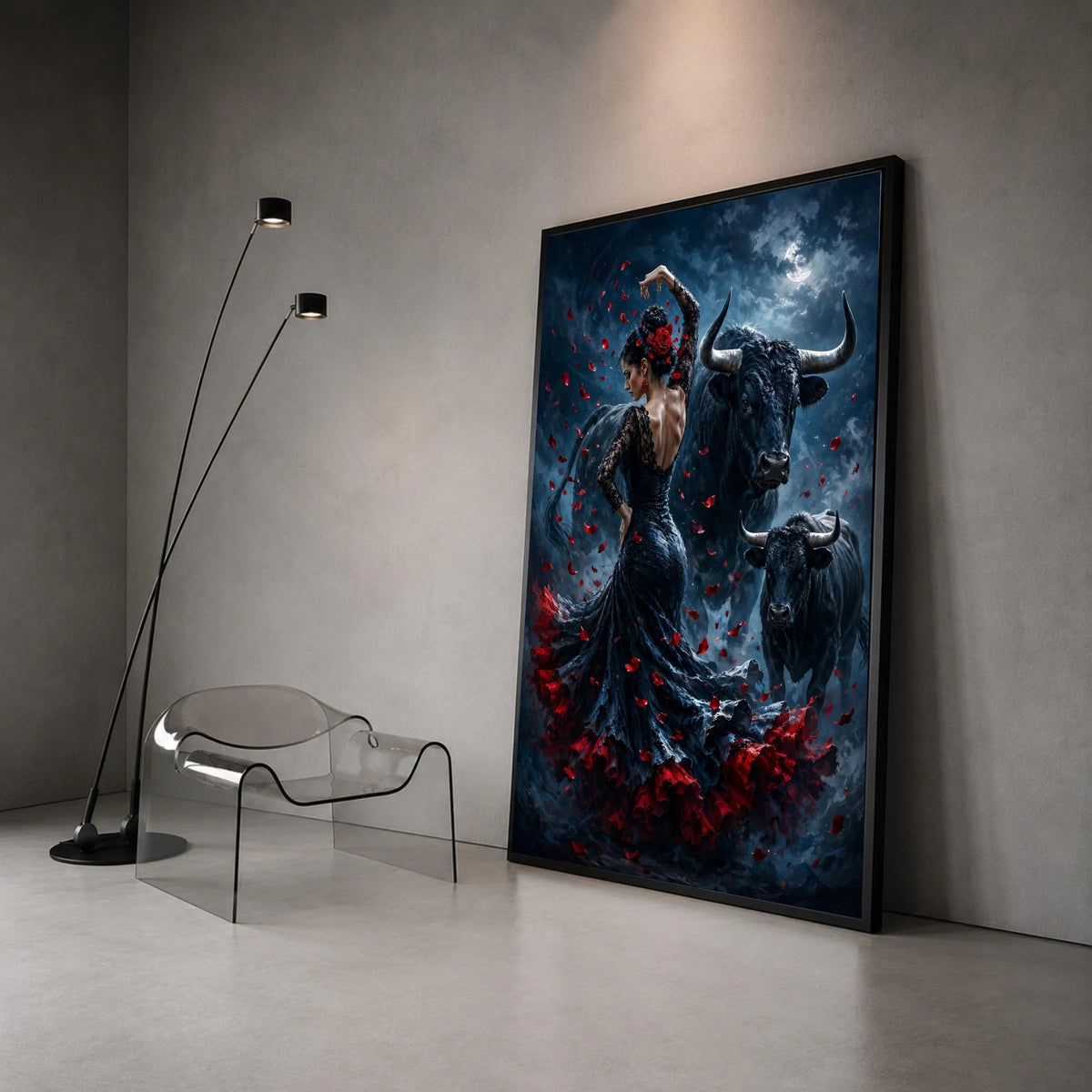 Flamenco Dancer with Bulls, Night Moon Canvas, Red Rose Petals Art, Spanish Dance Scene, Dramatic Wall Canvas, Home Canvas Print Art