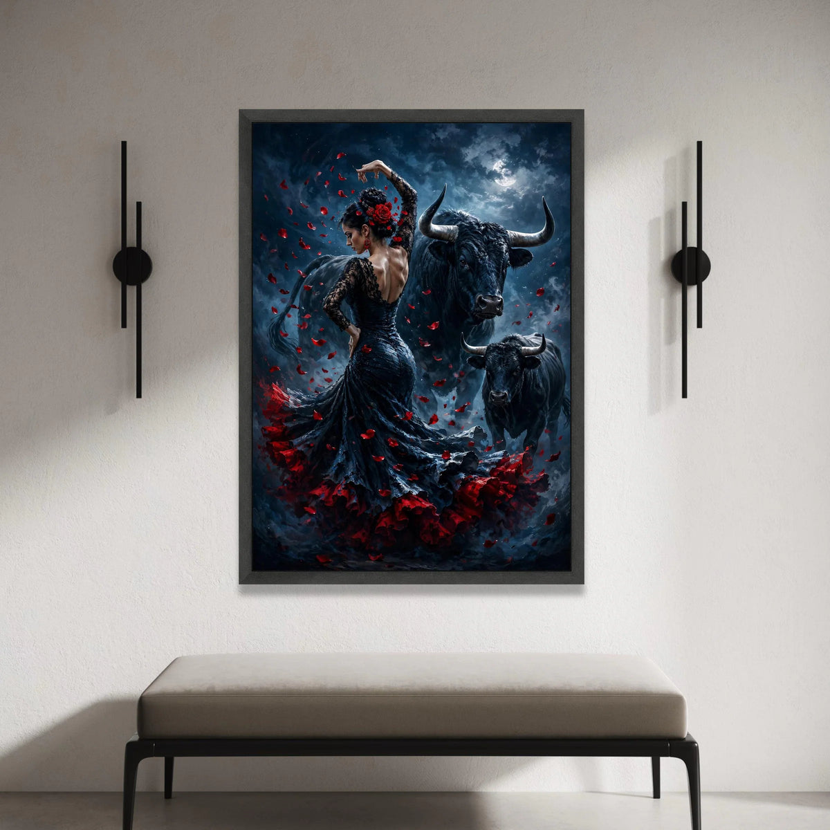 Flamenco Dancer with Bulls, Night Moon Canvas, Red Rose Petals Art, Spanish Dance Scene, Dramatic Wall Canvas, Home Canvas Print Art