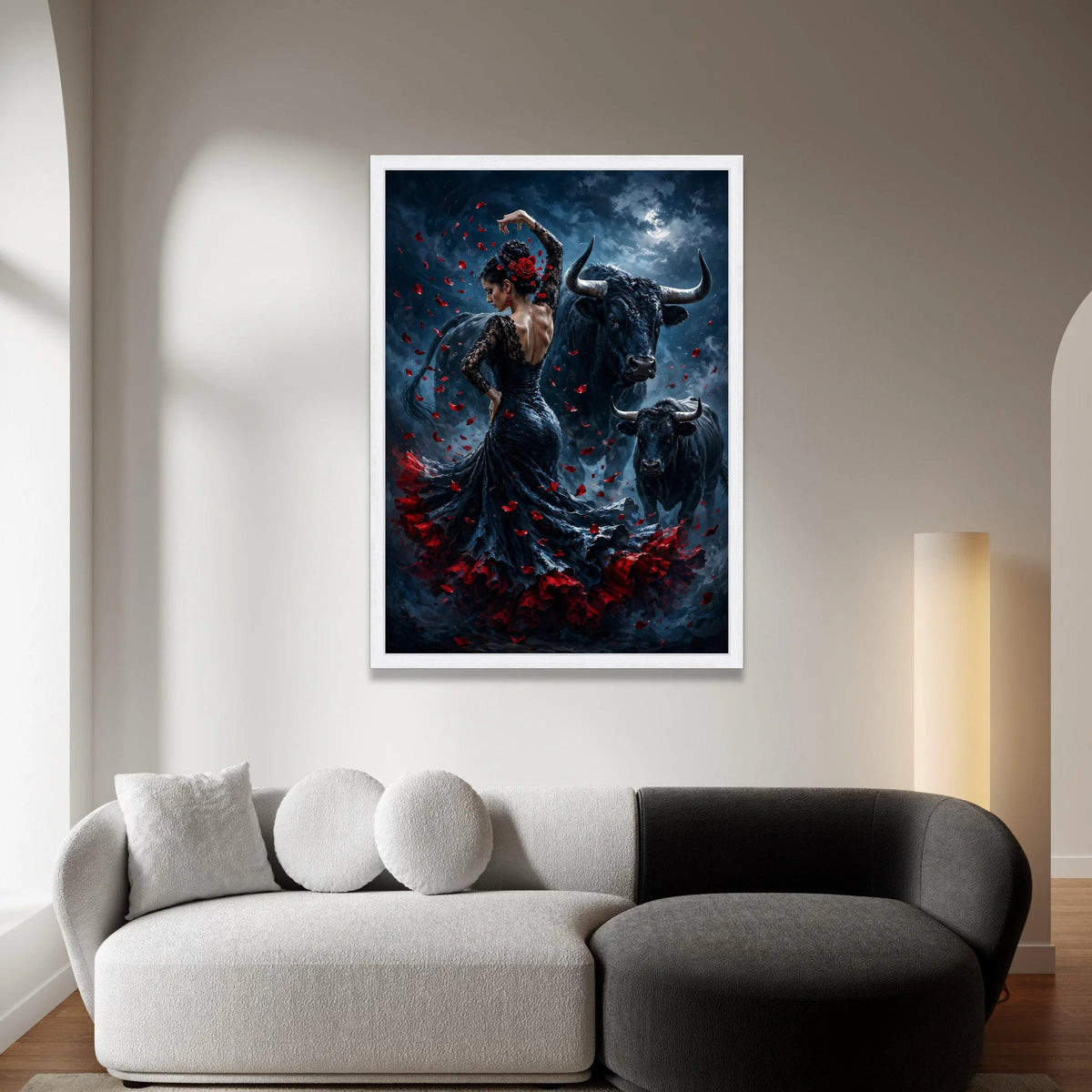 Flamenco Dancer with Bulls, Night Moon Canvas, Red Rose Petals Art, Spanish Dance Scene, Dramatic Wall Canvas, Home Canvas Print Art