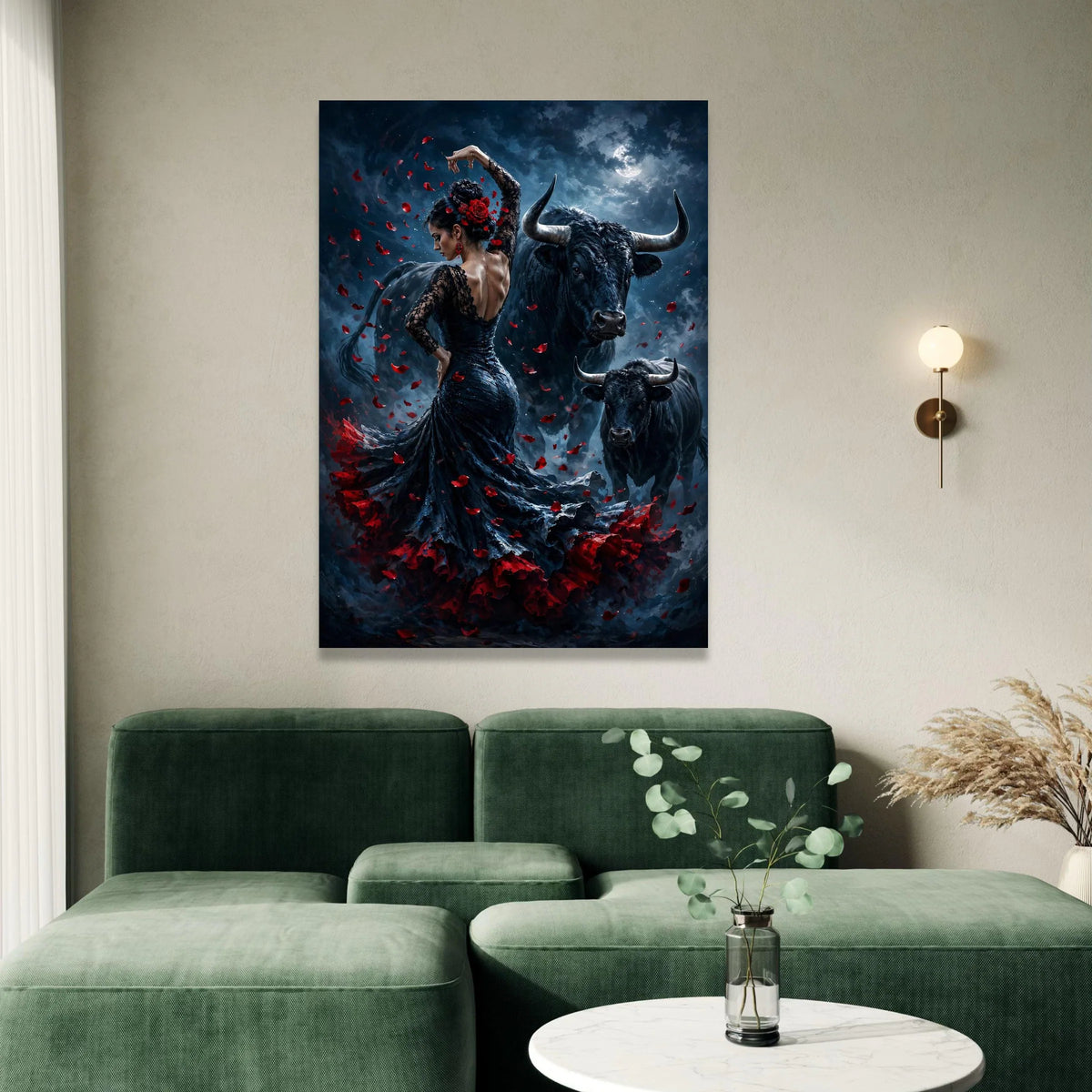 Flamenco Dancer with Bulls, Night Moon Canvas, Red Rose Petals Art, Spanish Dance Scene, Dramatic Wall Canvas, Home Canvas Print Art