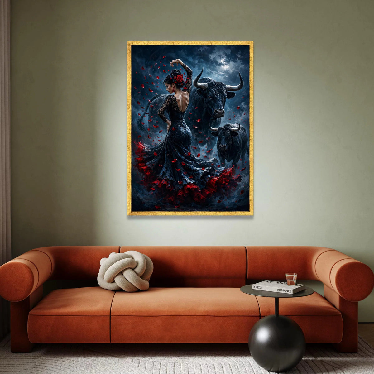 Flamenco Dancer with Bulls, Night Moon Canvas, Red Rose Petals Art, Spanish Dance Scene, Dramatic Wall Canvas, Home Canvas Print Art