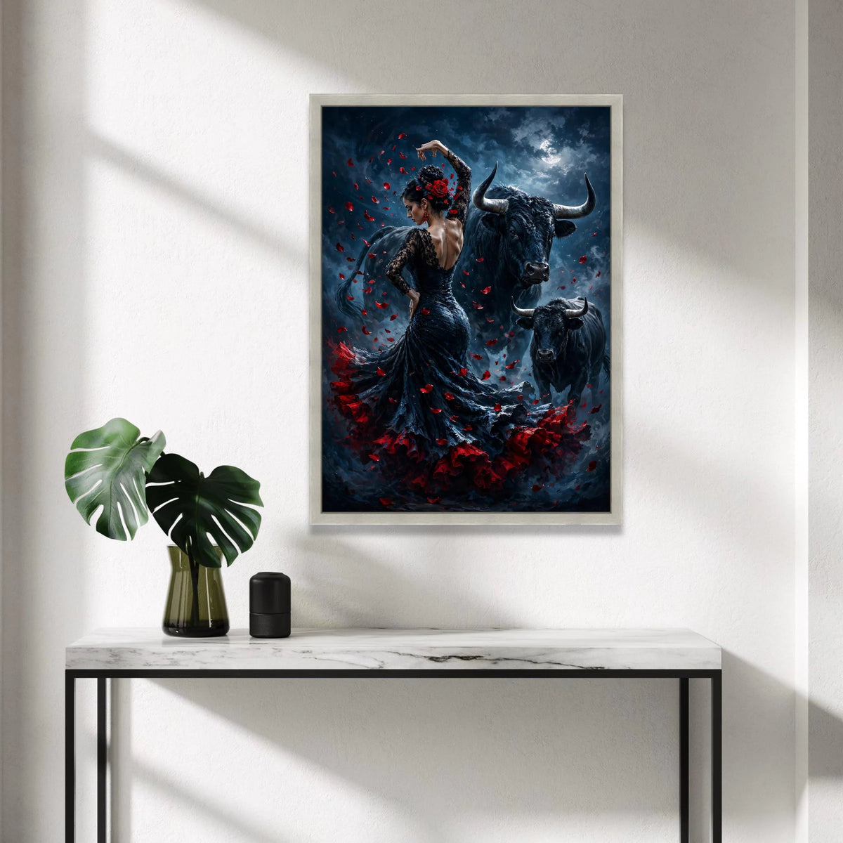 Flamenco Dancer with Bulls, Night Moon Canvas, Red Rose Petals Art, Spanish Dance Scene, Dramatic Wall Canvas, Home Canvas Print Art
