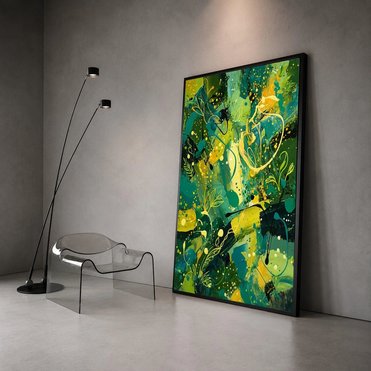 Vibrant Botanical Abstract Canvas Wall Art, Green Yellow Floral Accent, Modern Nature Canvas, Living Room Decoration Canvas Print Art