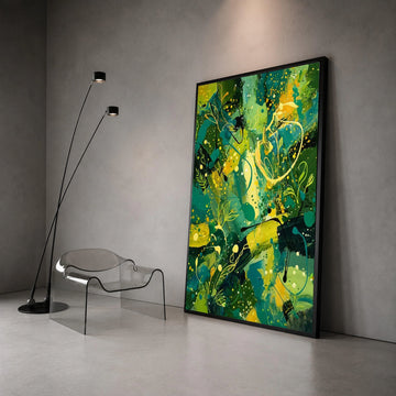 Vibrant Botanical Abstract Canvas Wall Art, Green Yellow Floral Accent, Modern Nature Canvas, Living Room Decoration Canvas Print Art