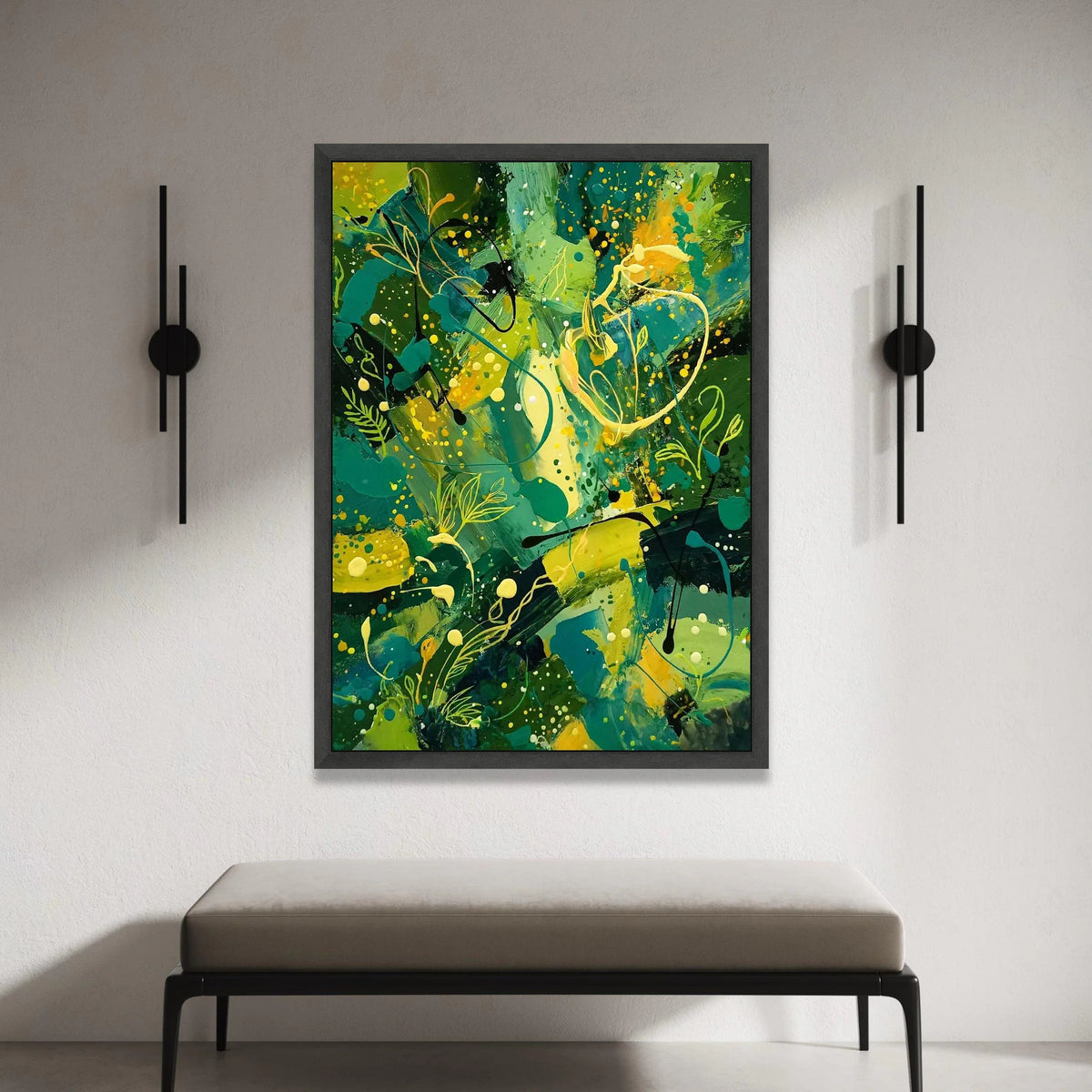 Vibrant Botanical Abstract Canvas Wall Art, Green Yellow Floral Accent, Modern Nature Canvas, Living Room Decoration Canvas Print Art