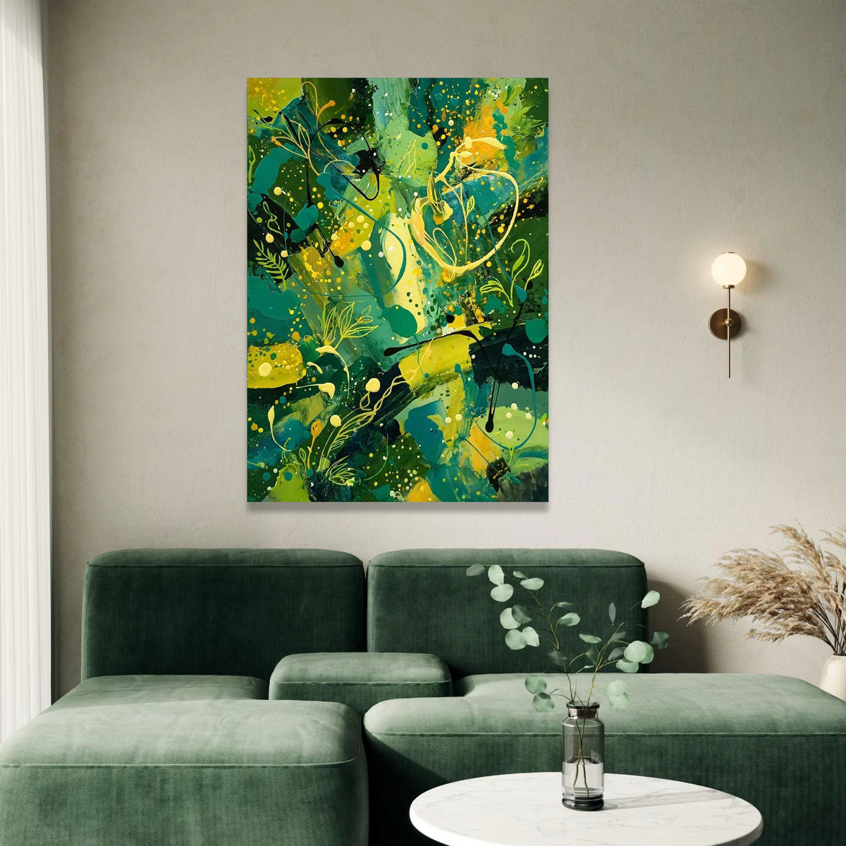 Vibrant Botanical Abstract Canvas Wall Art, Green Yellow Floral Accent, Modern Nature Canvas, Living Room Decoration Canvas Print Art