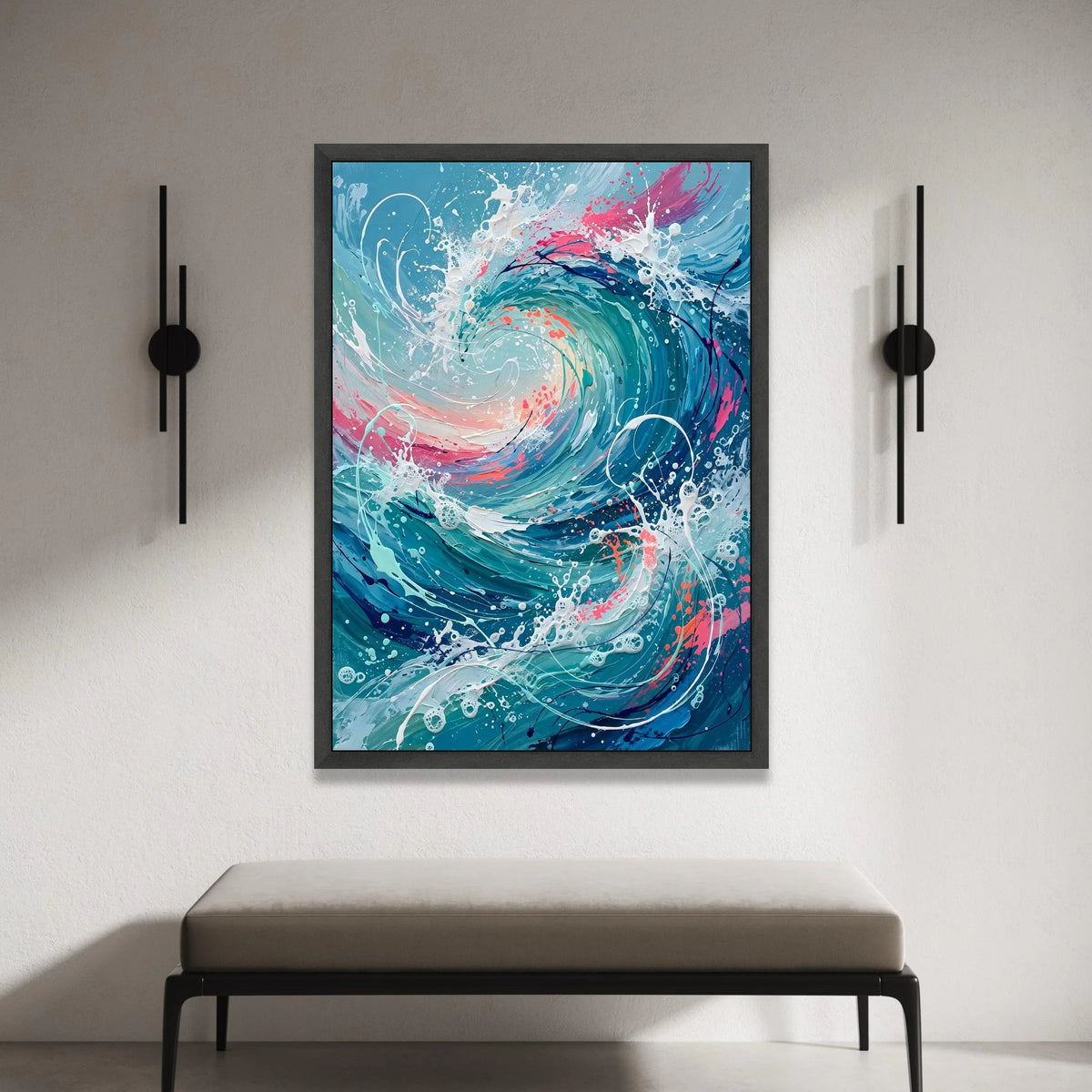Ocean Wave Swirl Canvas Wall Art, Abstract Sea Splash Design, Blue and Pink Coastal Decor, Modern Nautical Canvas, Ready to Canvas Print Art