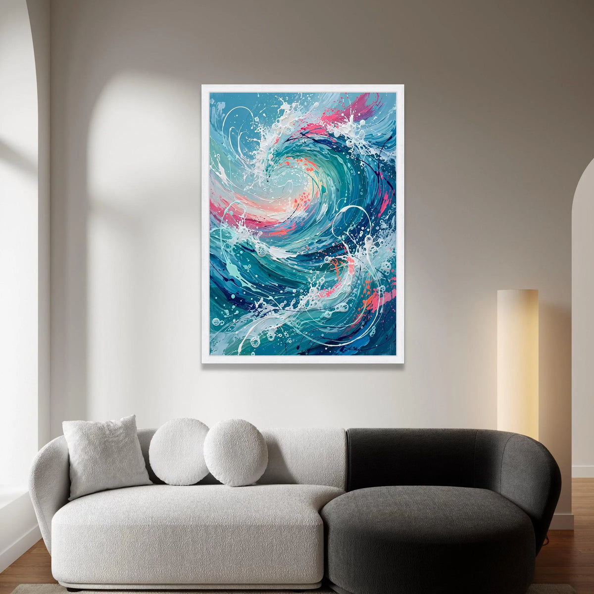Ocean Wave Swirl Canvas Wall Art, Abstract Sea Splash Design, Blue and Pink Coastal Decor, Modern Nautical Canvas, Ready to Canvas Print Art
