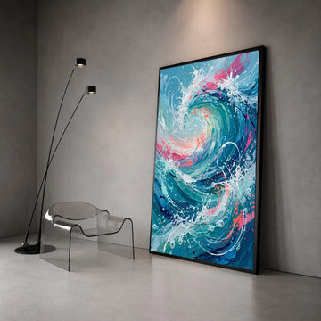 Ocean Wave Swirl Canvas Wall Art, Abstract Sea Splash Design, Blue and Pink Coastal Decor, Modern Nautical Canvas, Ready to Canvas Print Art