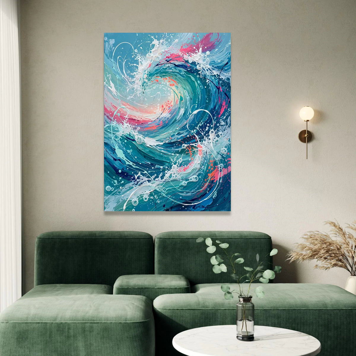 Ocean Wave Swirl Canvas Wall Art, Abstract Sea Splash Design, Blue and Pink Coastal Decor, Modern Nautical Canvas, Ready to Canvas Print Art