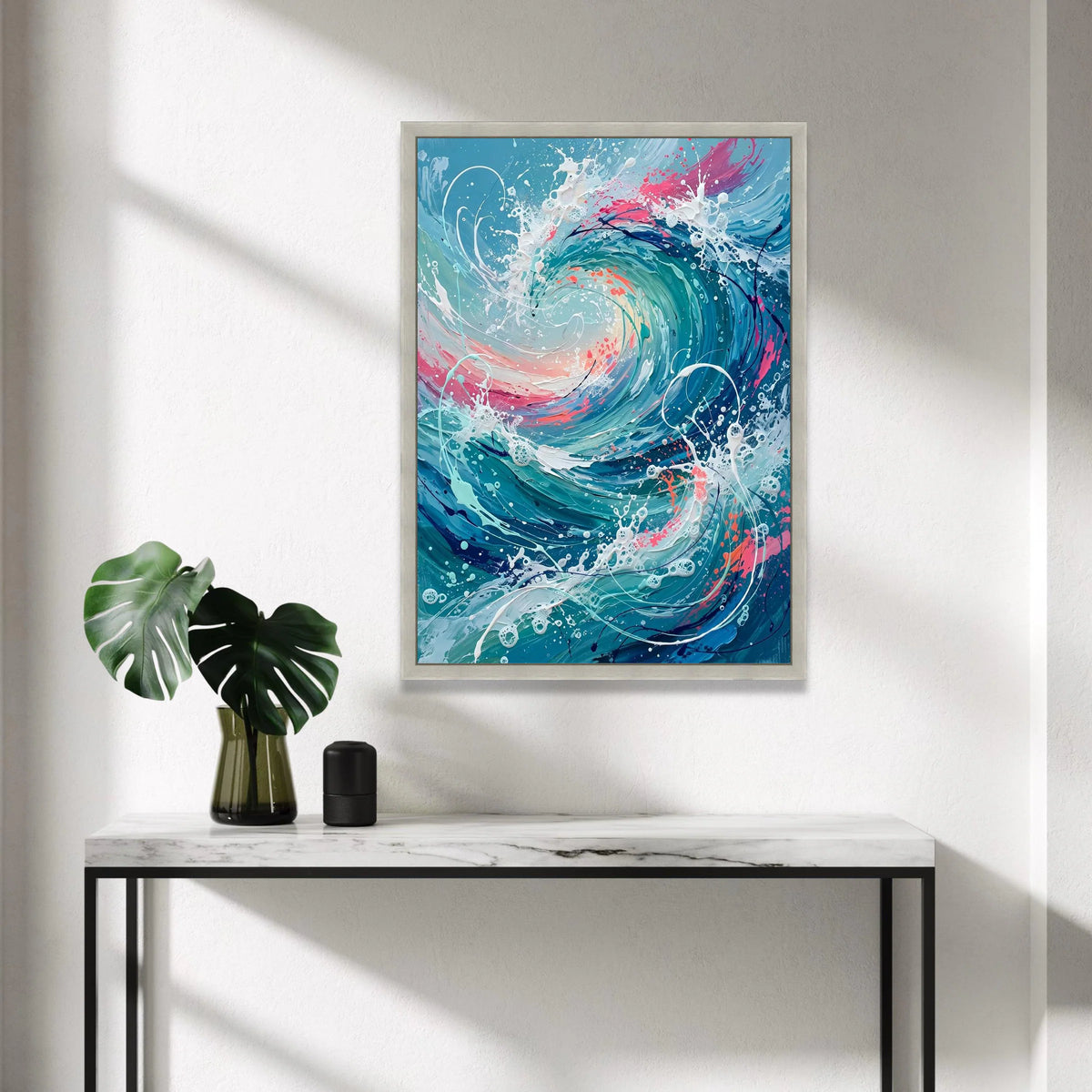 Ocean Wave Swirl Canvas Wall Art, Abstract Sea Splash Design, Blue and Pink Coastal Decor, Modern Nautical Canvas, Ready to Canvas Print Art