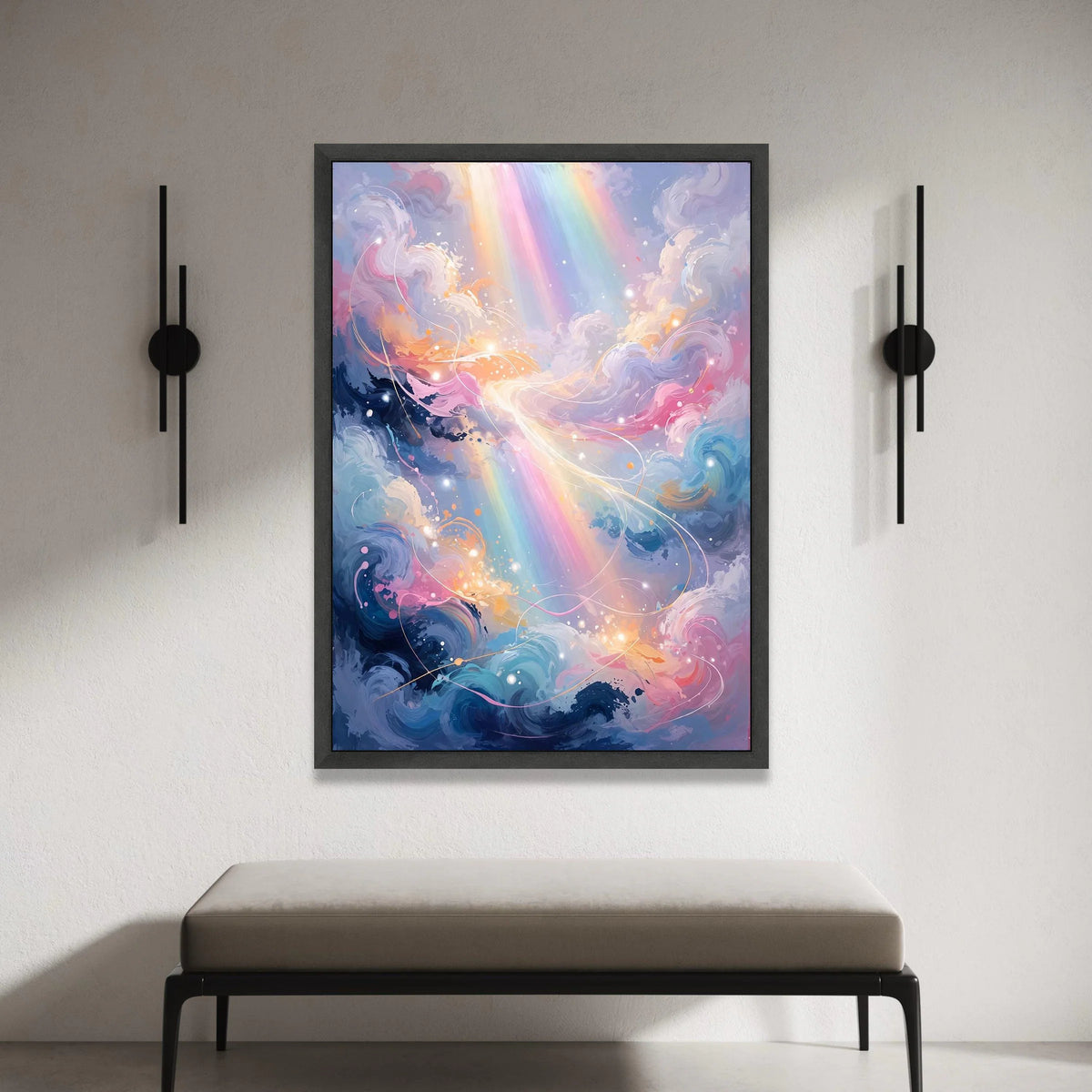 Dreamy Cloudscape with Rainbow Rays Canvas, Abstract Sky Wall Art, Colorful Light Streaks Decoration, Modern Fantasy Canvas Canvas Print Art