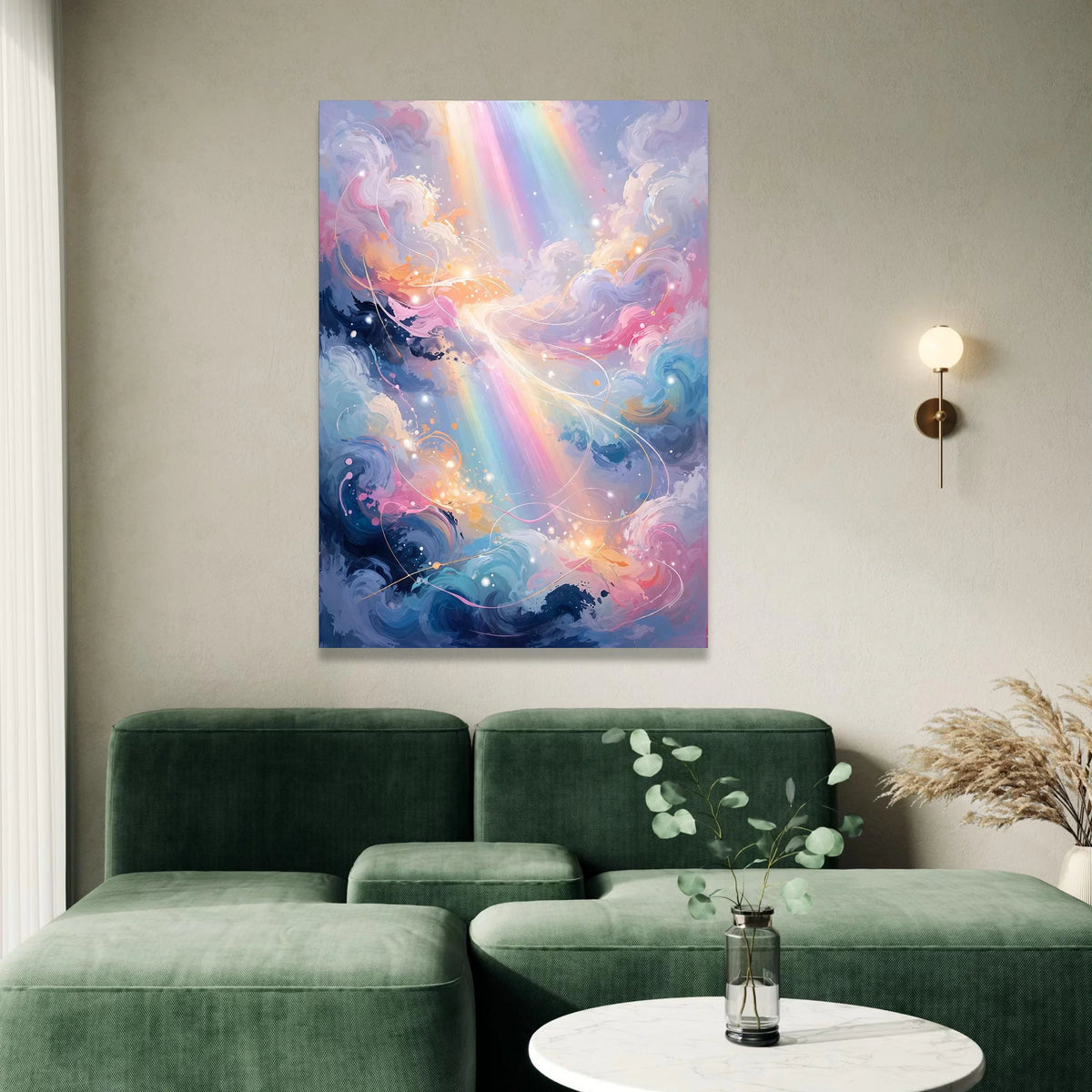 Dreamy Cloudscape with Rainbow Rays Canvas, Abstract Sky Wall Art, Colorful Light Streaks Decoration, Modern Fantasy Canvas Canvas Print Art
