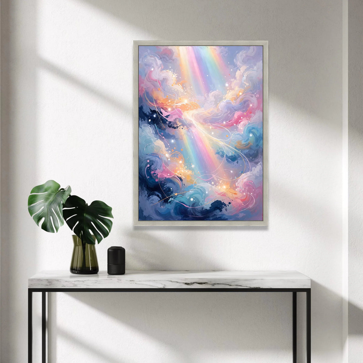 Dreamy Cloudscape with Rainbow Rays Canvas, Abstract Sky Wall Art, Colorful Light Streaks Decoration, Modern Fantasy Canvas Canvas Print Art