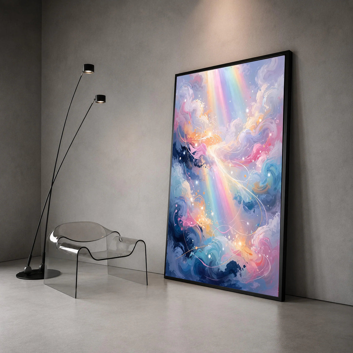 Dreamy Cloudscape with Rainbow Rays Canvas, Abstract Sky Wall Art, Colorful Light Streaks Decoration, Modern Fantasy Canvas Canvas Print Art