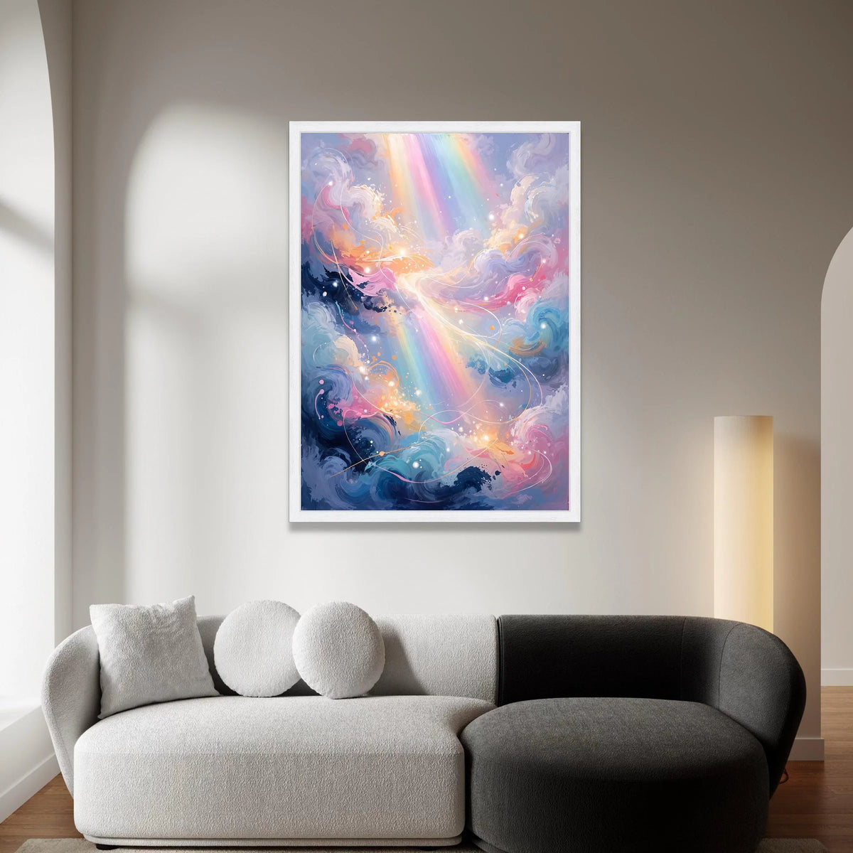 Dreamy Cloudscape with Rainbow Rays Canvas, Abstract Sky Wall Art, Colorful Light Streaks Decoration, Modern Fantasy Canvas Canvas Print Art