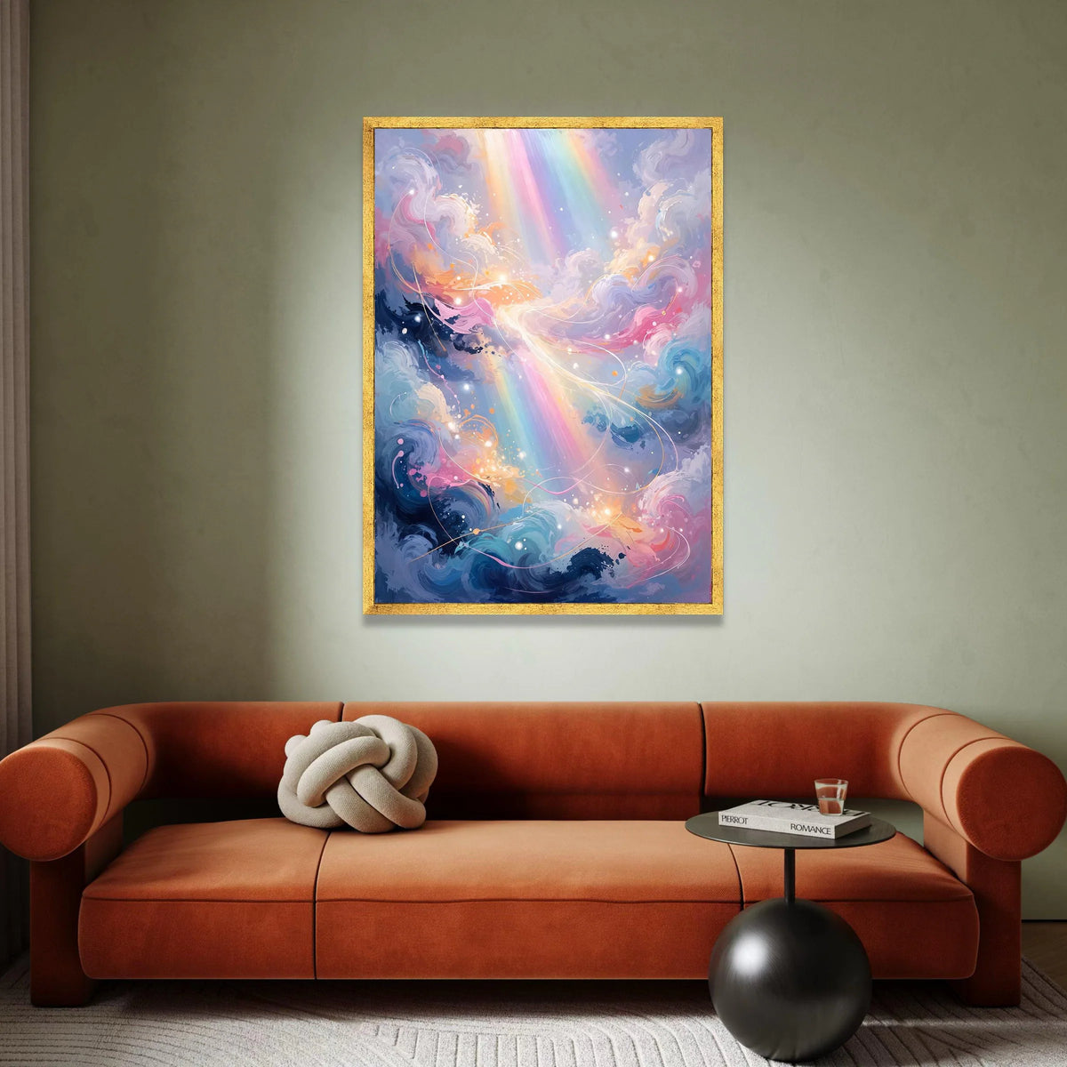 Dreamy Cloudscape with Rainbow Rays Canvas, Abstract Sky Wall Art, Colorful Light Streaks Decoration, Modern Fantasy Canvas Canvas Print Art