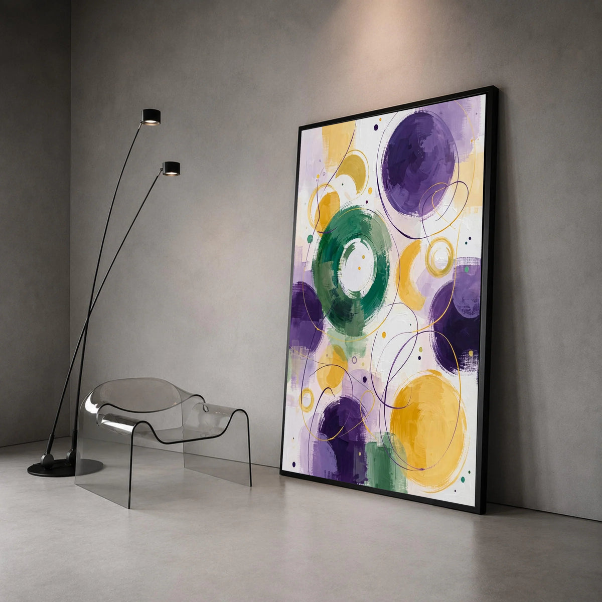 Abstract Circle Art Canvas, Geometric Wall Decor, Purple Green Yellow Design, Modern Home Decoration, Ready to Hang Canvas Canvas Print Art