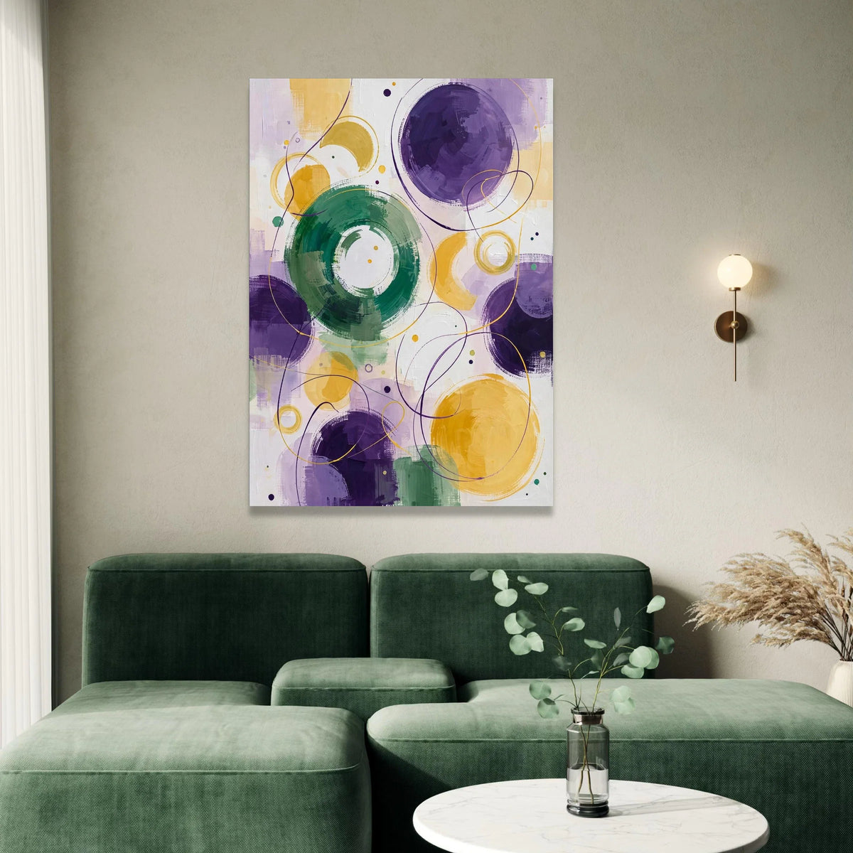 Abstract Circle Art Canvas, Geometric Wall Decor, Purple Green Yellow Design, Modern Home Decoration, Ready to Hang Canvas Canvas Print Art