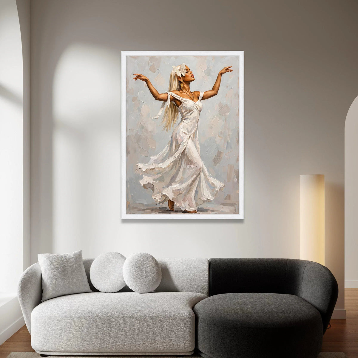 Elegant Woman Dancing Canvas Wall Art, White Flowing Dress Painting, Graceful Movement Artwork, Feminine Home Decoration Canvas Print Art