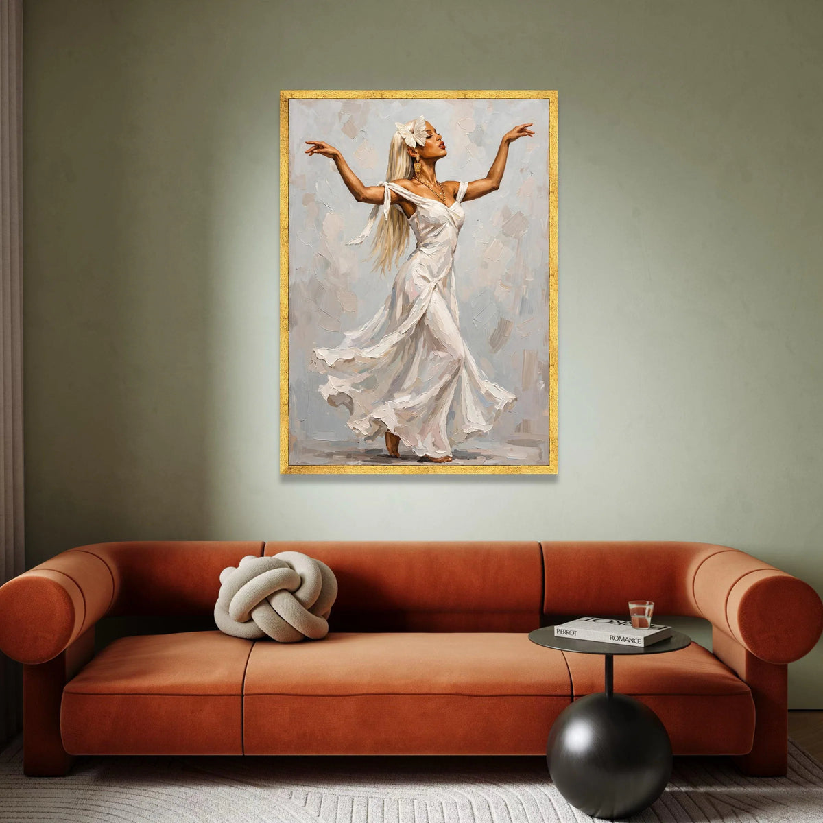 Elegant Woman Dancing Canvas Wall Art, White Flowing Dress Painting, Graceful Movement Artwork, Feminine Home Decoration Canvas Print Art