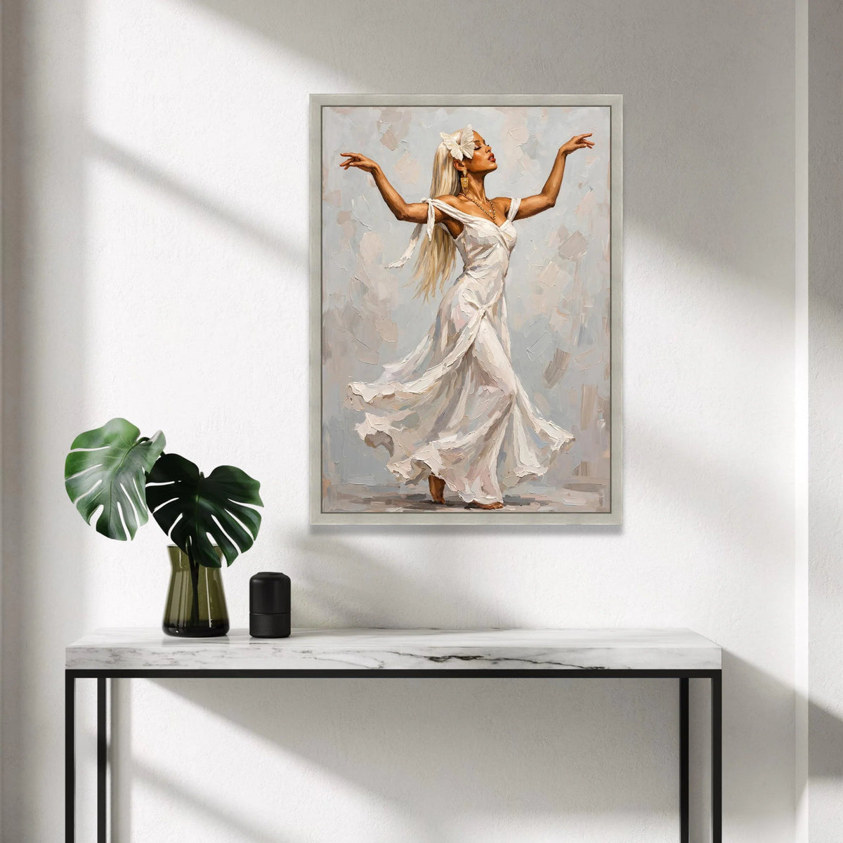 Elegant Woman Dancing Canvas Wall Art, White Flowing Dress Painting, Graceful Movement Artwork, Feminine Home Decoration Canvas Print Art