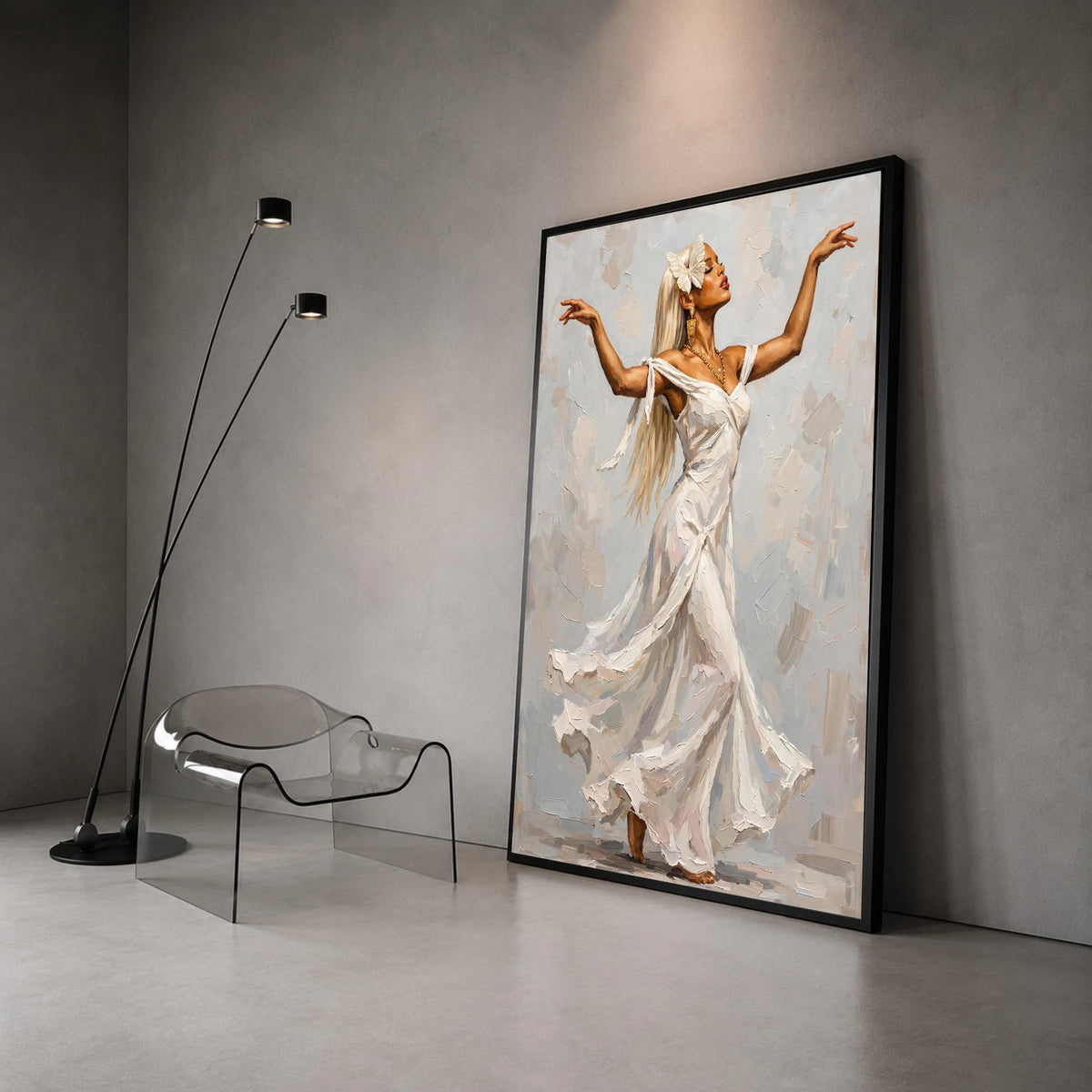 Elegant Woman Dancing Canvas Wall Art, White Flowing Dress Painting, Graceful Movement Artwork, Feminine Home Decoration Canvas Print Art