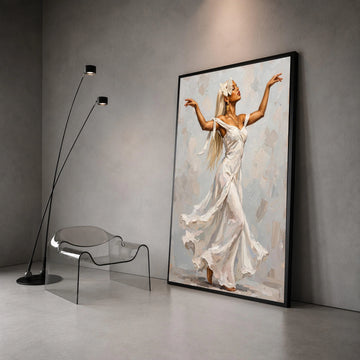 Elegant Woman Dancing Canvas Wall Art, White Flowing Dress Painting, Graceful Movement Artwork, Feminine Home Decoration Canvas Print Art