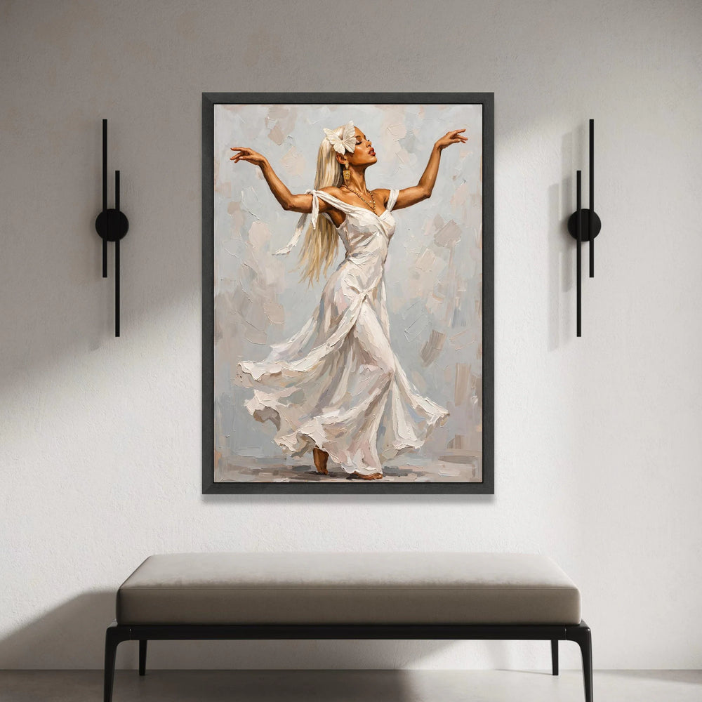 Elegant Woman Dancing Canvas Wall Art, White Flowing Dress Painting, Graceful Movement Artwork, Feminine Home Decoration Canvas Print Art