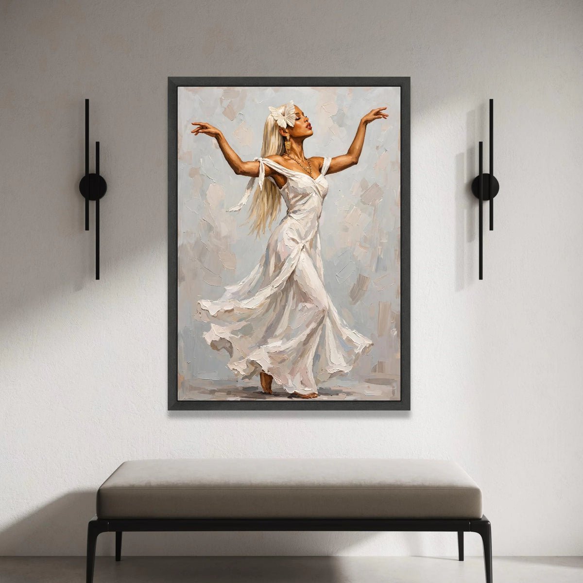 Elegant Woman Dancing Canvas Wall Art, White Flowing Dress Painting, Graceful Movement Artwork, Feminine Home Decoration Canvas Print Art
