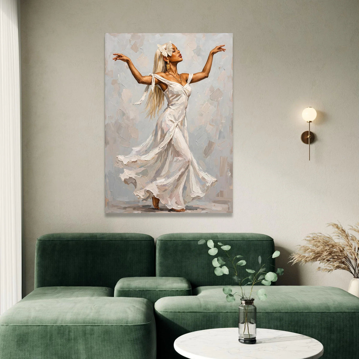 Elegant Woman Dancing Canvas Wall Art, White Flowing Dress Painting, Graceful Movement Artwork, Feminine Home Decoration Canvas Print Art