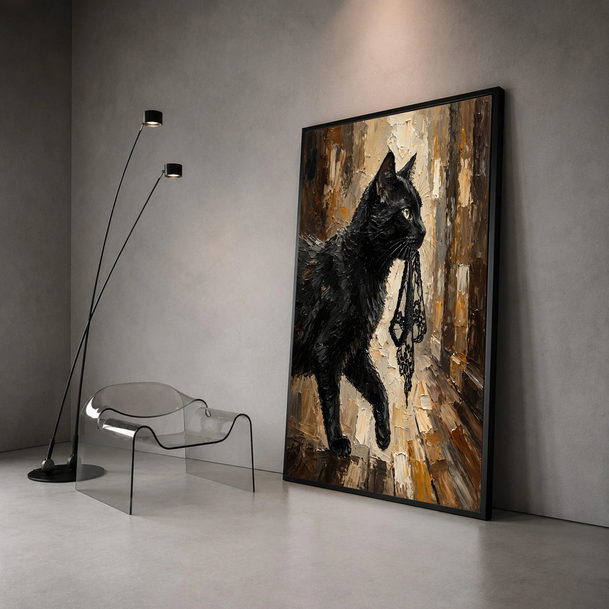Elegant Black Cat Canvas Wall Art, Haute Couture Feline Portrait, Modern Animal Painting, Chic Home Decoration, Ready to Canvas Print Art