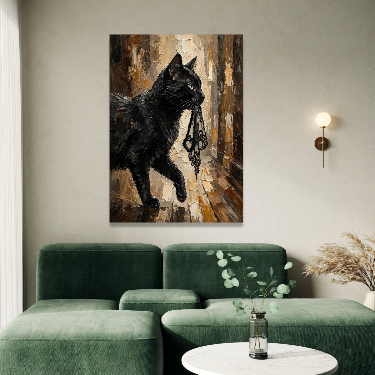Elegant Black Cat Canvas Wall Art, Haute Couture Feline Portrait, Modern Animal Painting, Chic Home Decoration, Ready to Canvas Print Art