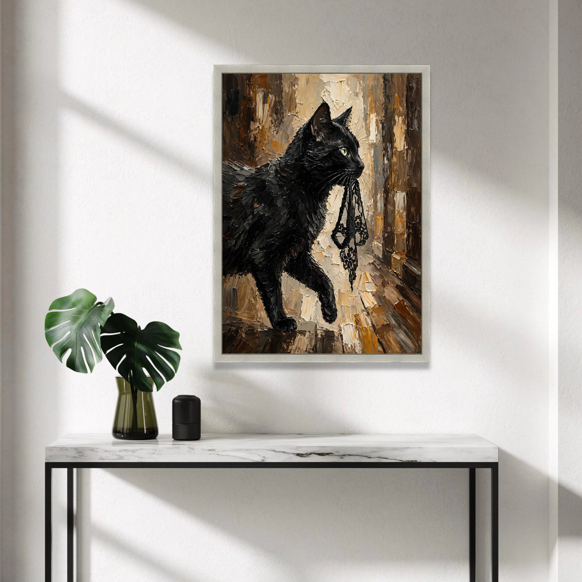 Elegant Black Cat Canvas Wall Art, Haute Couture Feline Portrait, Modern Animal Painting, Chic Home Decoration, Ready to Canvas Print Art