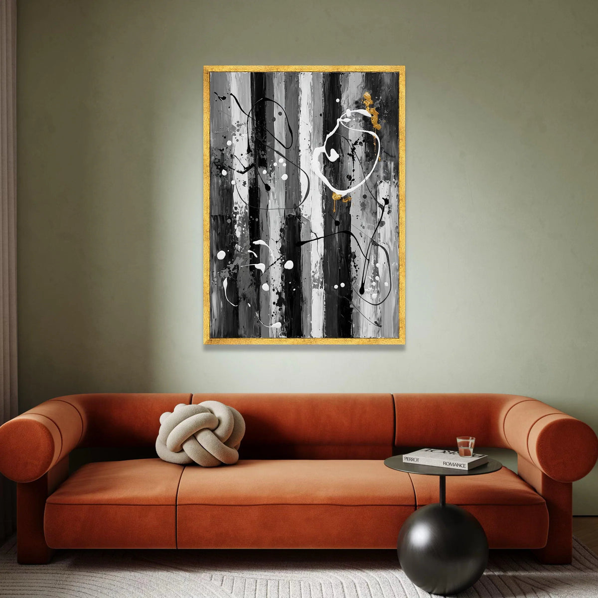 Modern Abstract Striped Canvas, Black White Wall Art, Gold Accent Painting, Contemporary Home Decor, Ready to Hang Canvas Canvas Print Art