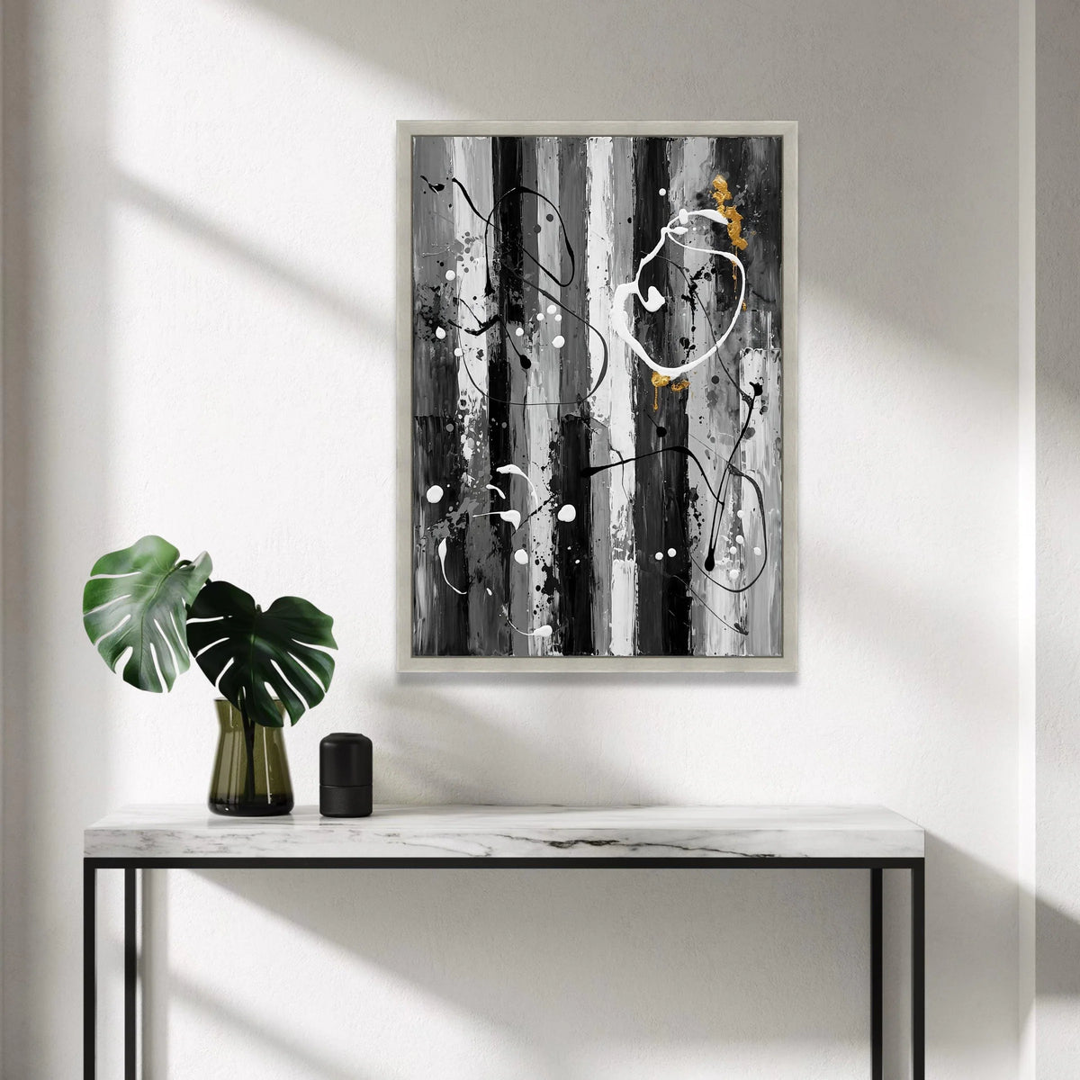 Modern Abstract Striped Canvas, Black White Wall Art, Gold Accent Painting, Contemporary Home Decor, Ready to Hang Canvas Canvas Print Art