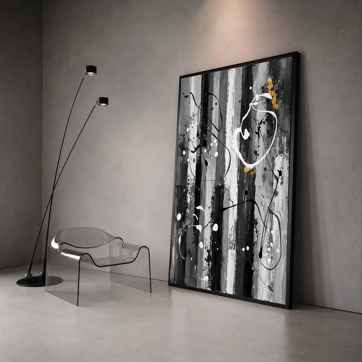 Modern Abstract Striped Canvas, Black White Wall Art, Gold Accent Painting, Contemporary Home Decor, Ready to Hang Canvas Canvas Print Art